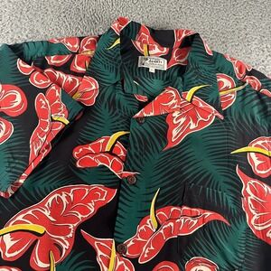 Avanti Hawaiian Shirt Mens L Silk Black Green Floral Hibiscus Aloha Loop Collar